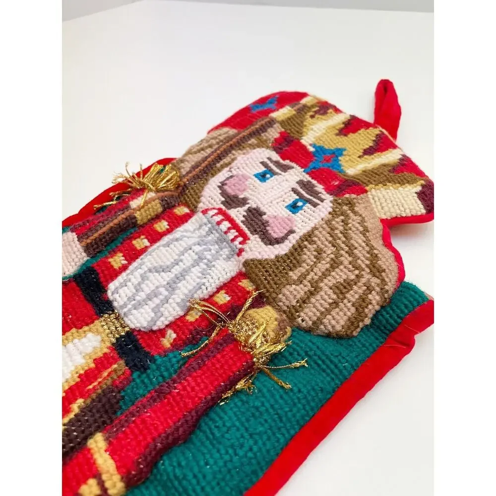 Vintage Needlepoint Wool Christmas Stocking Nutcracker Teddy Bear 3D